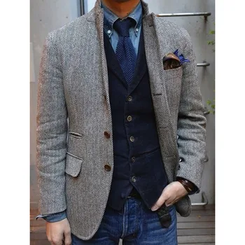 Gri Balıksırtı Tüvit Smokin Ceketler İngiliz Erkek Takım Elbise Slim Fit Erkek Blazer ceket gri ceket Özel Düğün Takımları erkekler İçin