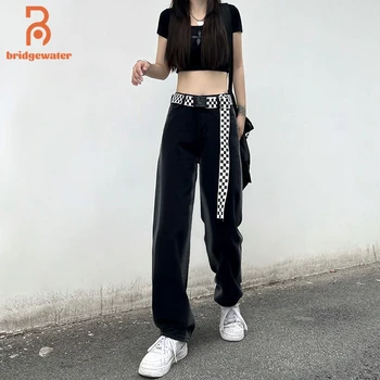 BRİDGEWATER Kadın Yaz Yüksek Bel Kot Siyah Düz Gevşek Kot Pantolon Punk Geniş Bacak Pantolon Kore Moda Streetwear