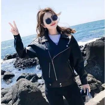 Suni Deri Ceket Kadın Rahat PU Gevşek Motosiklet Ceketler Kadın Streetwear Boy Ceket Kore Şık Yeni Bahar