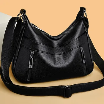 Kadın Saf Siyah omuz çantaları Kaliteli Yumuşak Deri çapraz askılı çanta Rahat Tasarımcı Çanta Kadın Basit Sıcak Satış askılı çanta