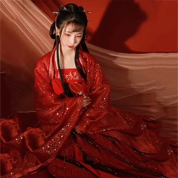 2020 Hanfu Kadınlar Nakış Kırmızı Büyük Kollu Gömlek Bayanlar Palto Halk Festivali Rave Kıyafet Şarkıcılar Performans Giyim YB1081