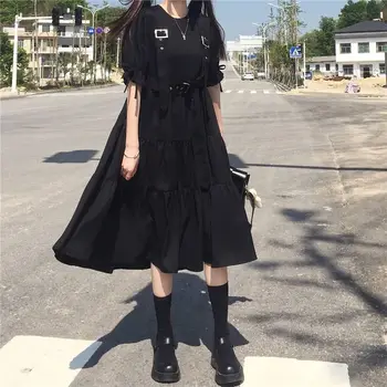 Kadın Harajuku Gotik Elbise Gotik Lolita Kawaii Elbise Punk Sevimli Uzun Kollu Siyah Midi Elbise 2021 Emo Merkezi Goth