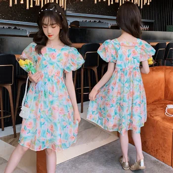 Yaz kız elbisesi Avrupa Amerikan Tarzı Rahat Taze Çiçekler Tatlı Aç Geri Puf Kollu Elbise Bebek Çocuk Çocuk giyim