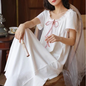 Victorian Vintage Pamuk Beyaz Pijama Prenses Uzun Gece Elbise Peignoir Bayanlar Salonu Giyim Nightwear Uyku Kadın Nightgowns 