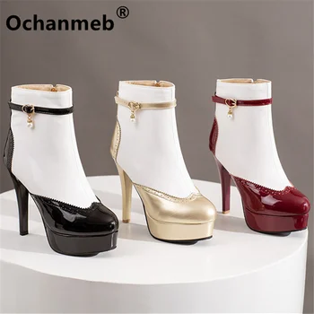 Ochanmeb Kadın Stiletto Topuklu Çizmeler Seksi Platformu Toka Kayış Lazer Hollow Kesme Brogue Çizme Kadın Mix-renk Ayakkabı Büyük Boyutu 50