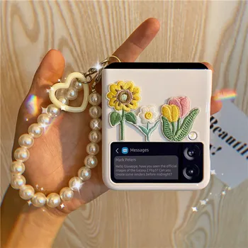 Galaxy Z Flip 3 arka kapak Samsung Kılıfları 3D Nakış Çiçekler Hediyeler ZFlip 3 Galaxy Kılıf Samsung Funda Çapa Sevimli