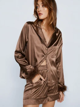 Lınad Tüyler Kadınlar İçin Pijama 2 Parça Setleri Kahverengi Uzun Kollu Turn Down Yaka Pijama Kadın Takım Elbise Şort Bahar 2023