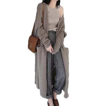 2021 Yeni Sonbahar Kış kadın Uzun Hırka Gevşek Kadın Örme Kazak Bayan Moda Giyim Cepler Mujer N785