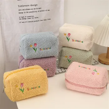 Kore Ins Peluş Fermuarlı Kozmetik Çantaları Kadın Lale Çiçek Makyaj Tuvalet çanta Kızlar Kalem Kutusu Kalem Çantası Okul Malzemeleri