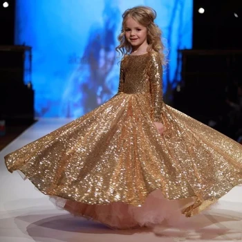 Yeni Altın Sequins İlk Communion Elbise Uzun Kollu çocuk Prenses Kız Balo Custom Made Çiçek Kız Elbise