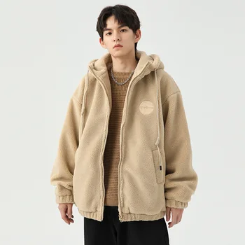 Kış erkek Kaşmir Parka Moda Vintage Polar Kalınlaşmak Sıcak Gevşek Katı Kapşonlu Ceket Yüksek Sokak Çift Streetwear Ceket Erkekler