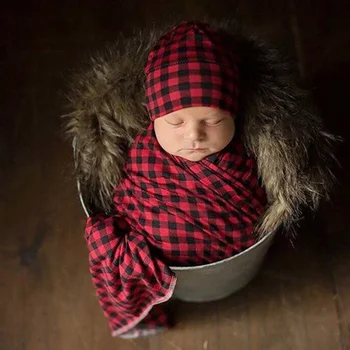 Bebek kundak battaniyeleri Bebek Siyah Kırmızı Ekose kundak battaniyesi Düğüm Şapka ile İki Parçalı Set Bebek Aksesuarları Yenidoğan Fotoğraf Sahne