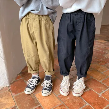 Gündelik çocuk pantolonları 2021 sonbahar Koreli çocuk rahat büyük cep Pantolon Erkek ve kız yıkanmış pamuklu pantolonlar