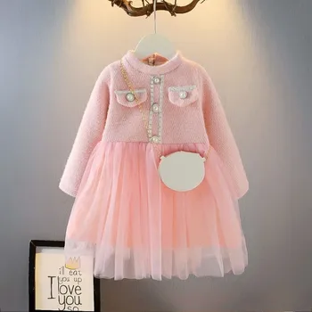Kış Bebek Kız Prenses Elbise çocuk Uzun Kollu Artı Kadife Elbise Çocuk Giysileri Çanta ile 3-7Y