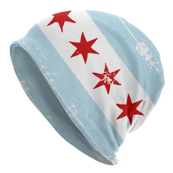 Chicago Bayrağı Kap Sonbahar Kış kasaba Skullies bere Unisex Kadın Bahar Sıcak Çift kullanımlı Kaput Örme Şapka