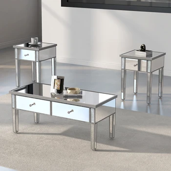 Modern Cam Aynalı Sehpa W/2 Çekmeceli kokteyl masası W / Kristal Kolları ve Ayarlanabilir Yükseklik Bacaklar Oturma Odası için Gümüş