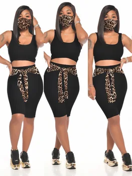 Kadın Yelek Şort Örme Şerit Leopar Baskı Rahat Setleri kadın Giyim 2021 Sonbahar Kentsel Casual Streetwear İki Parça Takım Elbise