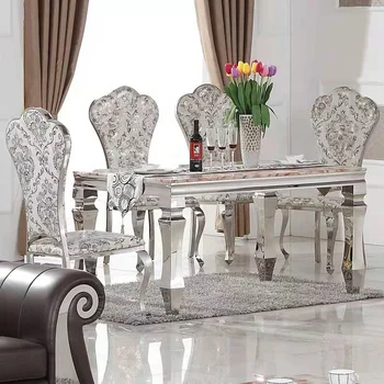 Fransız Yemek Seti Kraliyet Klasik yemek masası seti Mermer Paslanmaz Çelik Çerçeve Mutfak Masaları Dikdörtgen Üst