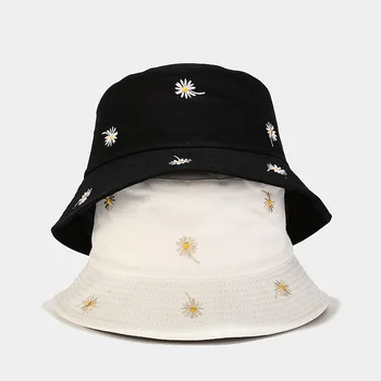 papatya geri dönüşümlü kova şapka hip hop pamuk ıki yan panama ışlemeli çiçek yaz şapka kap güneş koruyucu plaj sunhat dropship