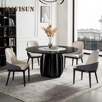 Katı ahşap Yuvarlak yemek masası Ev Modern Minimalist 1.5 Metre Büyük Mermer Mutfak Masası Pikap İle 6 Kişi İçin