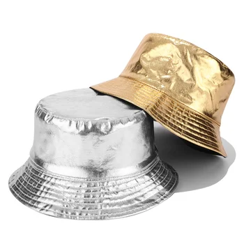 Moda Altın PU deri Kova Şapka Gümüş Unisex Geri Dönüşümlü Balıkçı Şapka Severler için Su Geçirmez Yürüyüş Şapka Kapaklar