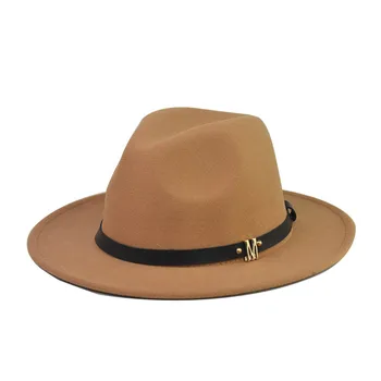 Dört mevsim düz ağız üst kadın şapka moda metal M kemer büyük şapka düz yün silindir şapka erkekler için