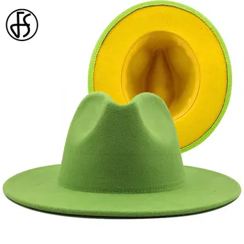 FS 60 CM Yeşil Sarı Ağız Patchwork Kadın Erkek Geniş Ağız Yün fötr şapka şapkalar Panama Caz Kapaklar Parti Kovboy Fötr Kumarbaz Şapka