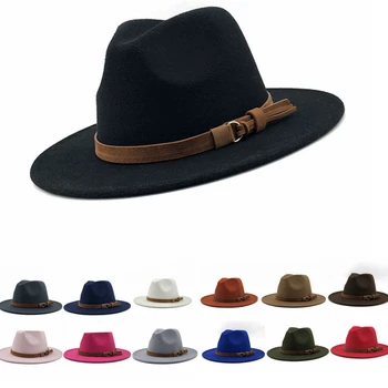 Süet Püskül Fedora şapka Caz Kadın Kış Şapka Geniş Ağız Batı Şapka Erkekler