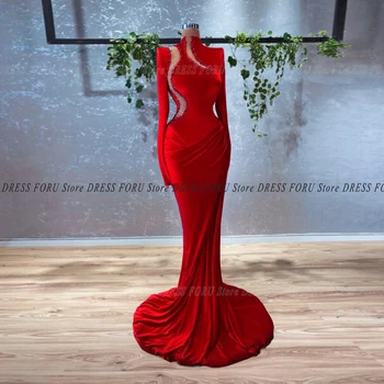 Pmwrun Kırmızı Uzun Kollu balo kıyafetleri Cut - Out Yüksek Callor Kadife Mermaid Düğün Parti Kıyafeti 2022 Kat Uzunluk Akşam Pageant Giyim