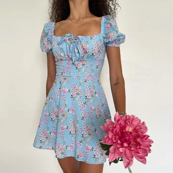 Fransız Romantik Vintage Çiçekli Baskı Mini Elbise Chic Kadınlar Zarif Bayan Kapalı Omuz evaze elbise Boho Yaz Plaj Tatil