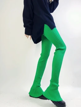 Uzun Örme Kadın Flare Pantolon Sonbahar Yeni Tasarım Yeşil Katı Yüksek Elastik Bağbozumu Ince Seksi Giyim En Kaliteli