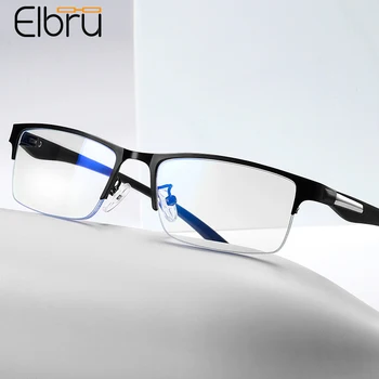 Elbru Iş Erkek Metal Yarım Çerçeve okuma gözlüğü Moda Şeffaf Reçine Lens Hipermetrop Reçete Gözlük Diyoptri + 1.0 + 4.0