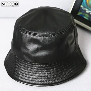 SILOQIN erkek Düz Kapaklar Kova Şapka Hakiki Deri Şapka Yeni Trend Sonbahar kadın Zarif Koyun Derisi Deri Kap Çift Siyah Kap
